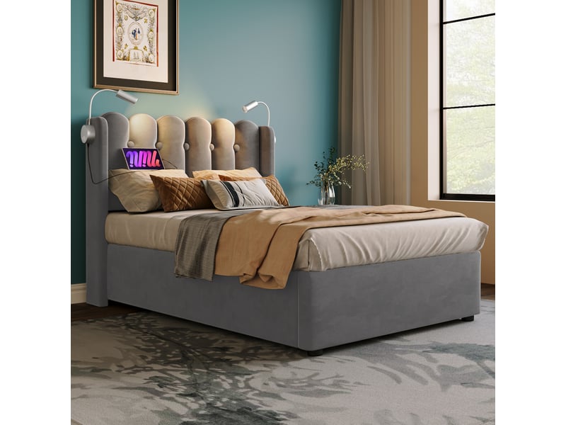  Lit coffre 90x200 cm - lit simple - rembourré avec usb et led - métal - beige  - Conforama E