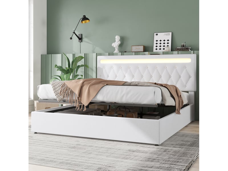  Lit coffre 180x200 cm blanc avec éclairage led, ports usb et sommier à lattes  - Conforama E