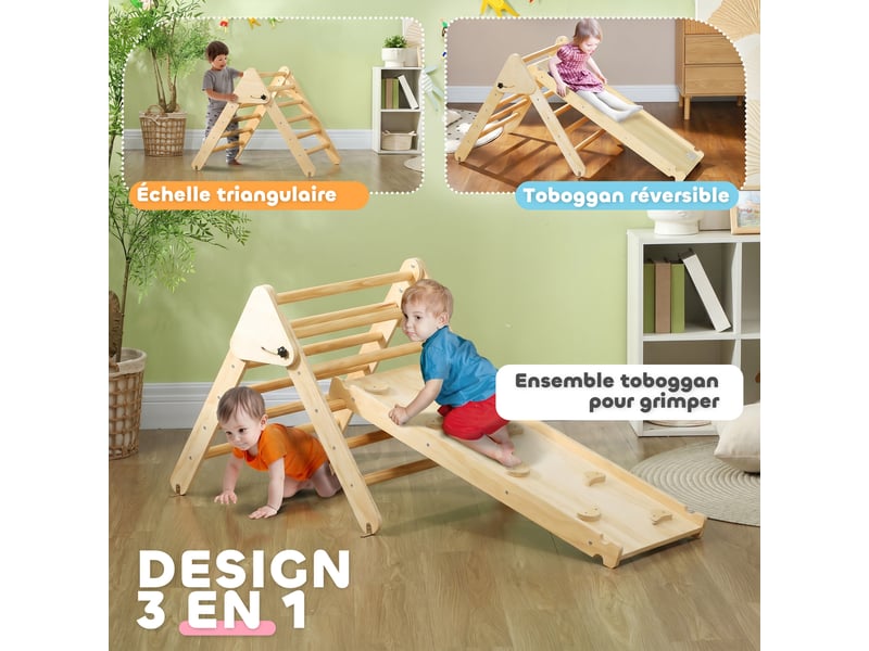  Triangle d'escalade, 3 en 1 en bois pour grimper et glisser, charge max. 50 kg, pour 18-48 mois, bois naturel  - Conforama D