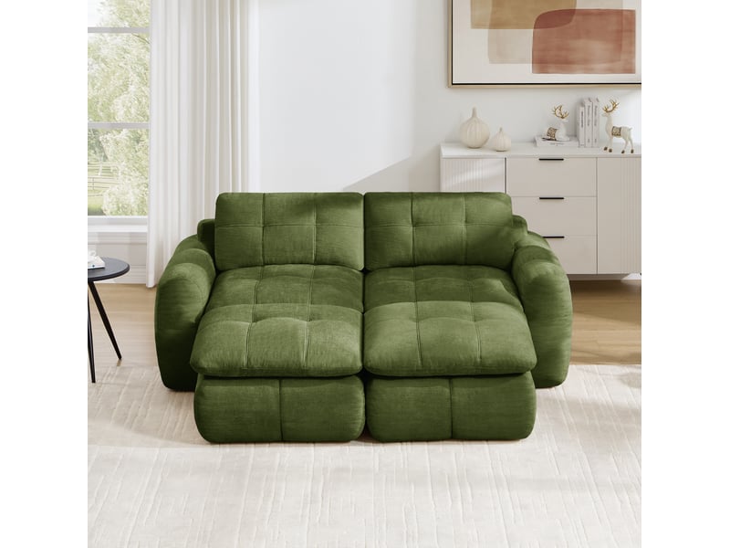 Canapé modulable 2 places modenvie avec 2 ottomans, tissu chenille vert, design matelassé, assise large et profonde, 194 x 160 x 68 cm - Conforama E