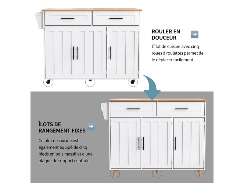 Desserte de cuisine 129 × 46 × 91,5 cm plan rabattable, 2 tiroirs et roulettes - lpospi - mdf blanc décor bois - Conforama E