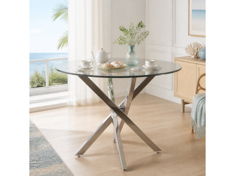  Table de salle à manger ronde 2 à 4 personnes en verre trempé 80×80×75 cm argentée  - Conforama B