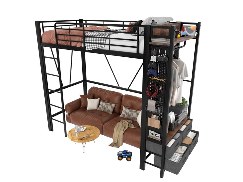  Lit mezzanine 90 x 200 cm, fer, étendoir, étagères, 4 tiroirs, usbtype-c, led, rambarde, échelle, panneau, noir, sans matelas  - Conforama A