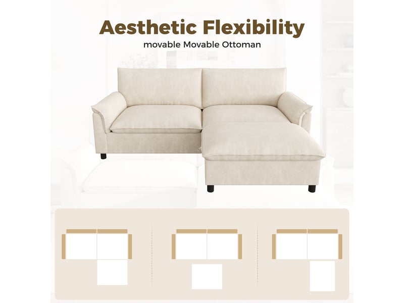  Canapé d'angle modulable 3 places, tissu chenille beige doux, assise profonde avec pouf coffre de rangement, convertible lit pour salon.  - Conforama E