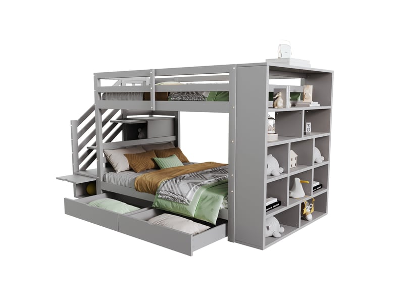 Lit superposé 90x200cm avec escalier sécurisé à rangements, tiroirs et grands compartiments, barrières hautes et sommier à lattes, pin, gris evarich - Conforama A