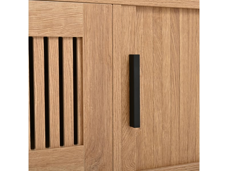  Meuble tv bas led, 2 portes coulissantes et 2 tiroirs, mdf et panneaux de particules, 180 × 40 × 44,5 cm, bois naturel  - Conforama E