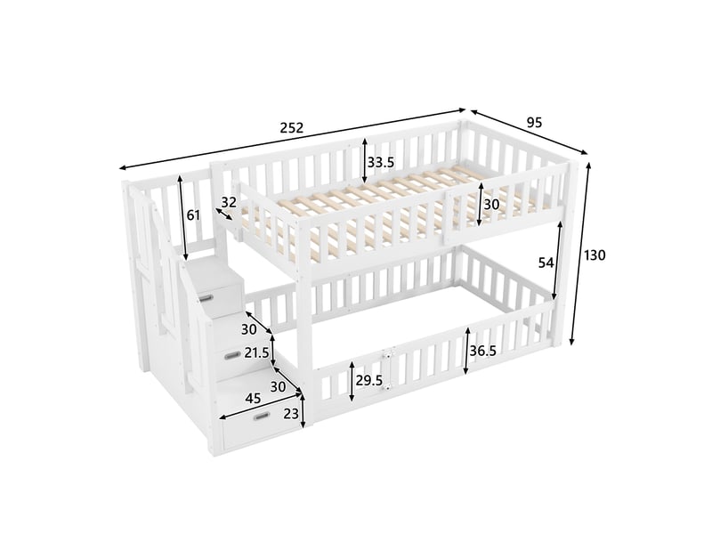  Lit superposé enfant 90x200, lit cabane bas avec escalier de rangement et barrière de sécurité, bois de pin massif et mdf style scandinave, blanc  - Conforama E