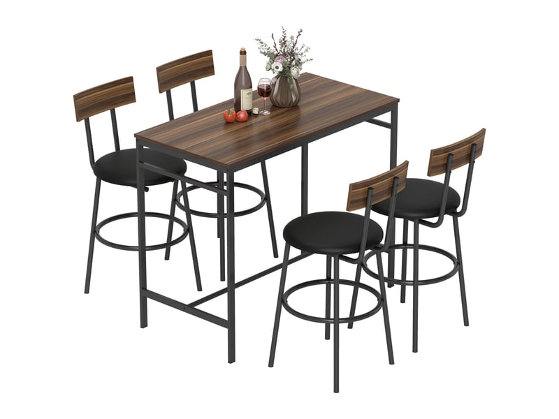  Ensemble table de bar 5 pièces avec 4 chaises, style industriel, pour cuisine ou salle à manger, bois, acier, marron  - Conforama A