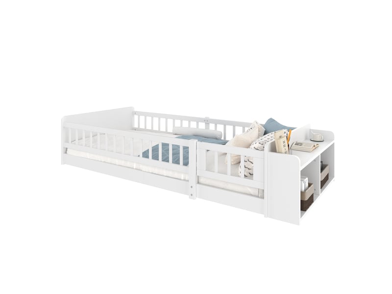  Lit enfant 90 x 200 cm, cadre de lit avec rangement, étagères ouvertes, 1 place, structure multifonction, bois massif, blanc Morn Vibe - Conforama A