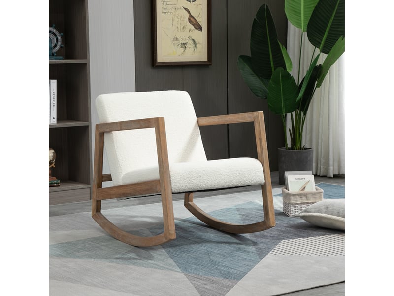 Fauteuil à bascule relax avec dossier rembourré et structure en bois de caoutchouc, polyester blanc crème - Conforama B