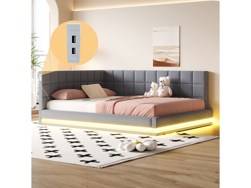  Lit banquette enfant 160 x 200 cm avec led, usb et sommier à lattes, lin, gris Fay Lum - Conforama E