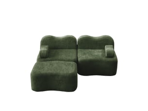 Canapé d’angle 2 places modulable vert en velours avec pouf assorti, forme ondulée, assise profonde pour salon et appartement