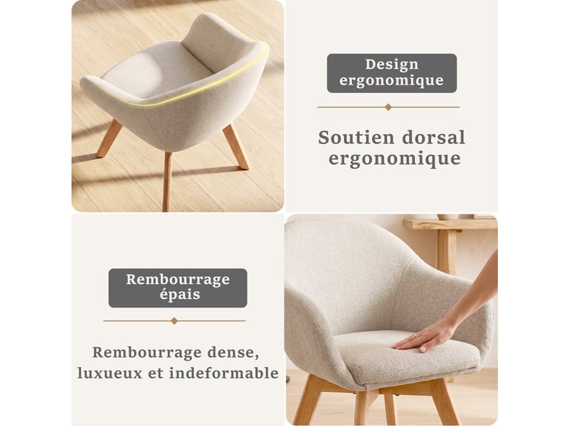  Lot de 4 chaises de salle à manger pivotantes à 360° – tissu effet lin respirant, pieds en bois massif - beige  - Conforama D