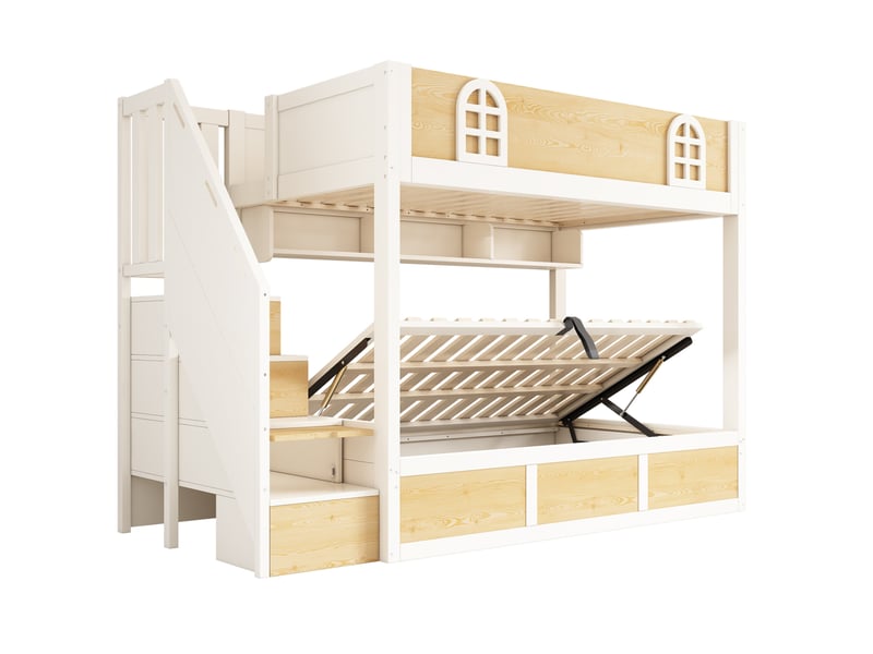 Lit superposé enfant 2x90x200 cm – blanc et naturel – escalier-rangement, coffre hydraulique sans matelas - Conforama D