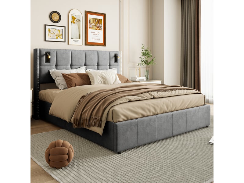  Lit coffre 140x200 cm avec sommier, avec usb et type-c, lit double avec sommier à lattes, gris  - Conforama B