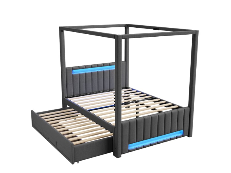 Lit à baldaquin capitonné 140x200 cm - gigogne, 3 tiroirs, éclairage led gris - Conforama E