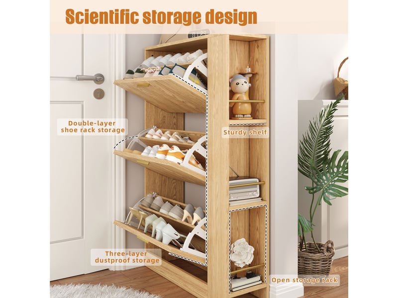  Meuble à chaussures 70x23,5x115 cm, 3 portes, niches ouvertes et étagères intérieures, rangement pour entrée et couloir - naturel  - Conforama D