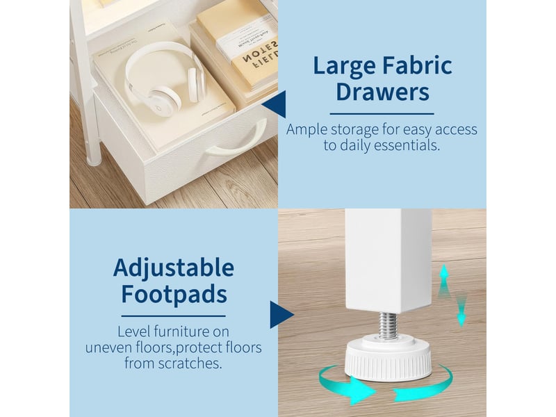  Table d'appoint moderne 3 niveaux, 2 tiroirs tissu, étagère ouverte, structure bois métal, pour chambre, salon ou entrée ，blanc PPG_34FQET6V - Conforama C