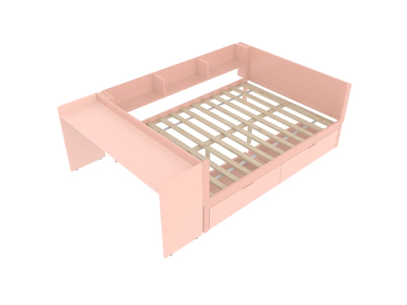 Lit plat en bois, 140 x 200 cm, avec bureau, équipé de 2 tiroirs, lit double (sans matelas), avec étagères, pin et panneaux de particules, rose - Conforama E