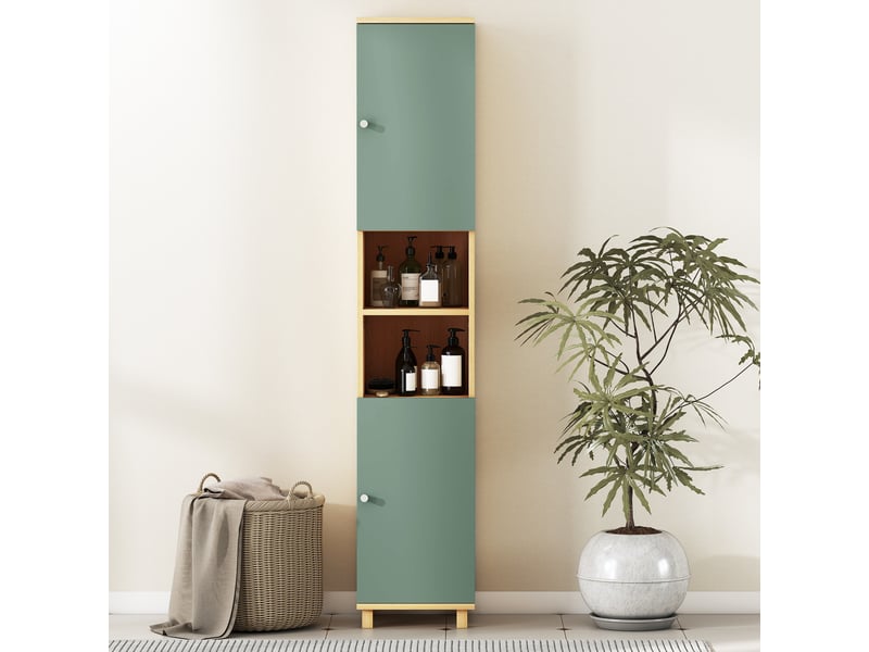  Meuble de salle de bain meuble de rangement 2 placards 2 compartiments ouverts 30 x 30 x 166 cm étagères réglables, vert  - Conforama W