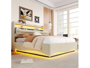 Lit coffre 140 x 200 cm beige en lin, led, usb et type-c, rangement hydraulique et tête de lit étagère
