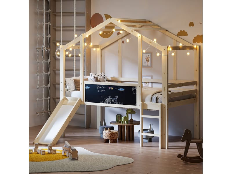  Lit mezzanine enfant 90 x 200 cm avec toboggan, échelle, tableau et toit bois naturel  - Conforama C