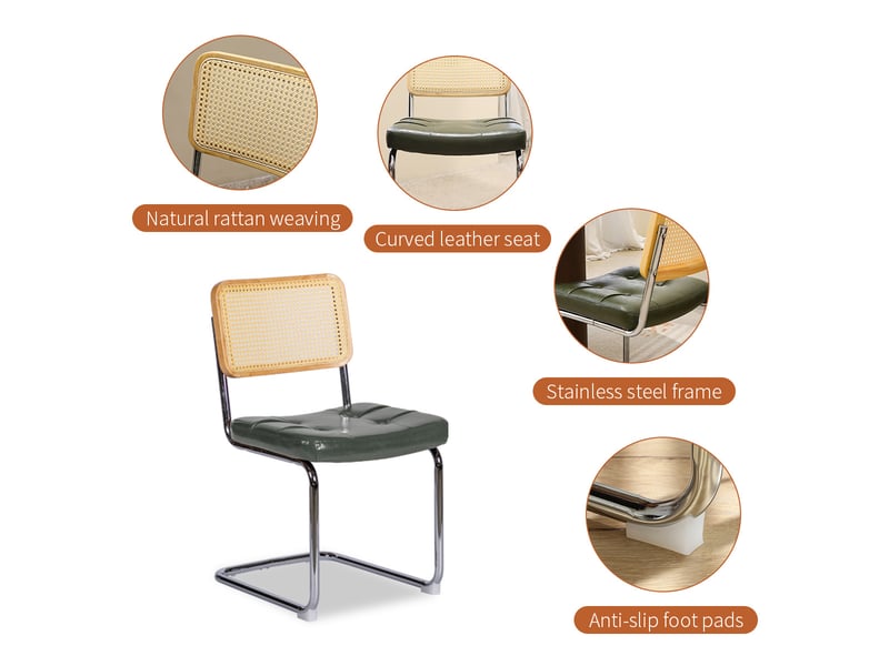  Chaises de salle à manger - lot de 4 - dossier rotin tressé, assise velours, piètement acier chromé, style mid-century, vert Sol Morn - Conforama E