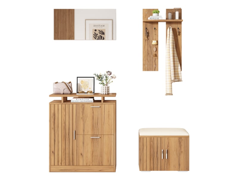  Lot de 4 meuble d'entrée, ensemble complet d'entrée avec banc à chaussures et armoire à chaussures, 1 miroir, 4 crochets, 5 porte  - Conforama A