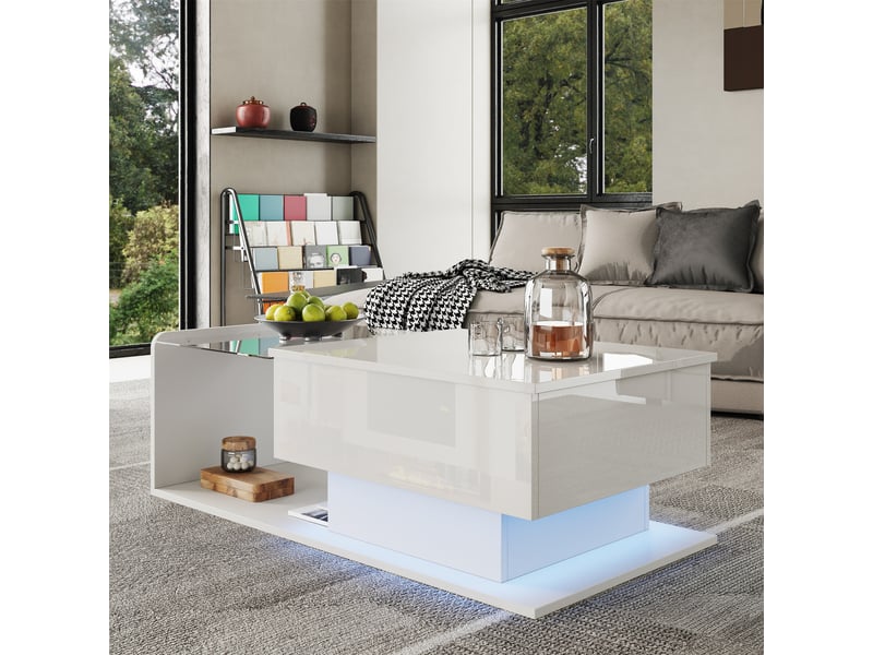  Table basse relevable avec plateau en verre trempé, rangement caché et led, pour salon, 100 x 50 x 47.5 cm, blanc  - Conforama D