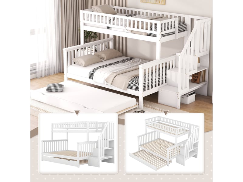  Lit superposé en pin blanc 90×200 et 140×200 cm, sommier, escalier et couchage gigogne, rangement, à assembler  - Conforama D