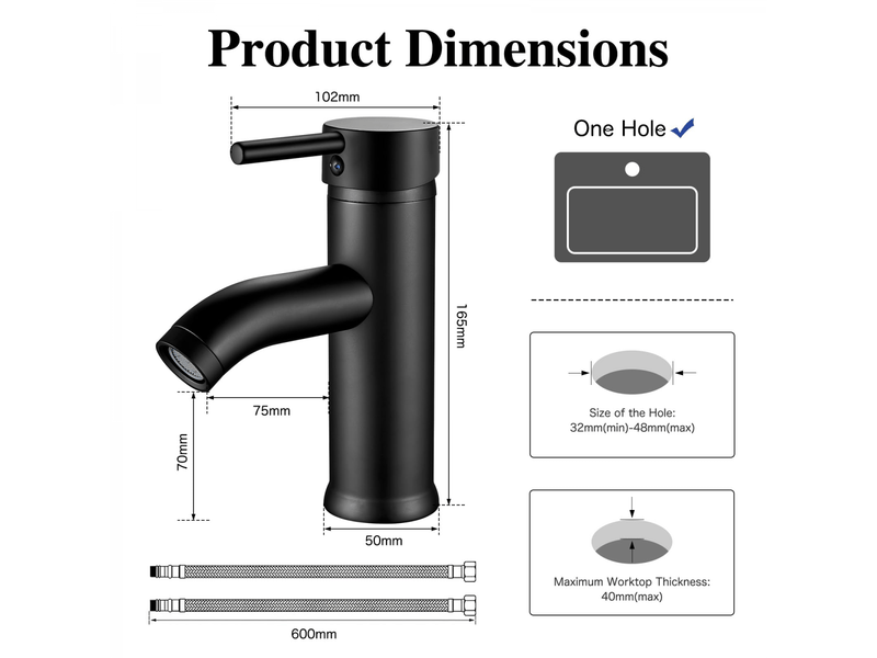 Robinet salle bain noir, mitigeur lavabo monocommande, robinet lavabo chaude et froide réglable en céramique, acier inoxydable - Conforama E
