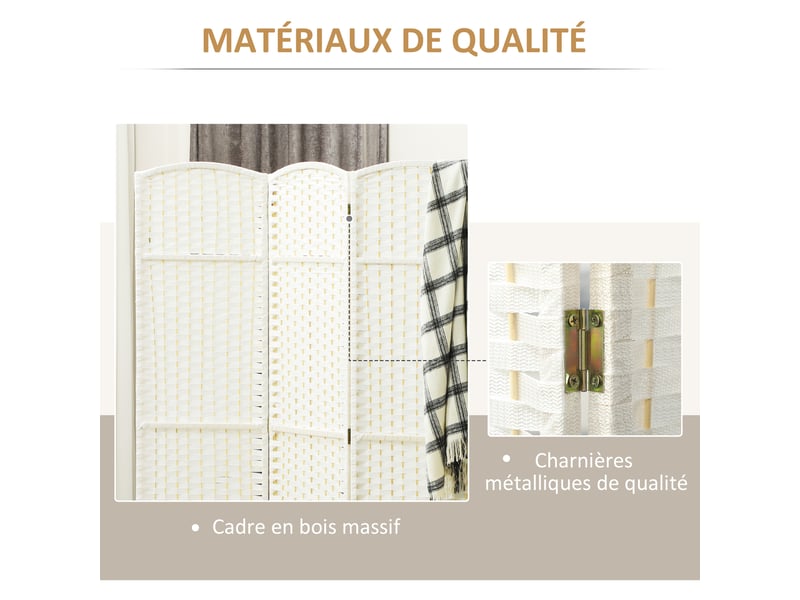  Paravent interieur en bois 4 panneaux 160 x 170 cm séparateur de pièce pliable pour salon, blanc, chambre à coucher  - Conforama R