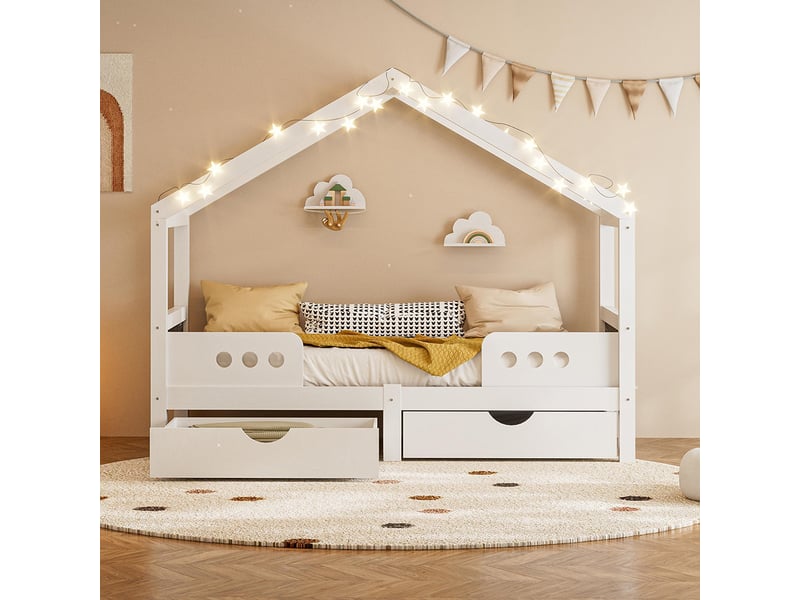 Lit cabane avec 2 grands tiroirs cadre bois mdf vernis uv inodore charge max 120 kg adapté matelas 90x200 cm blanc - Conforama B
