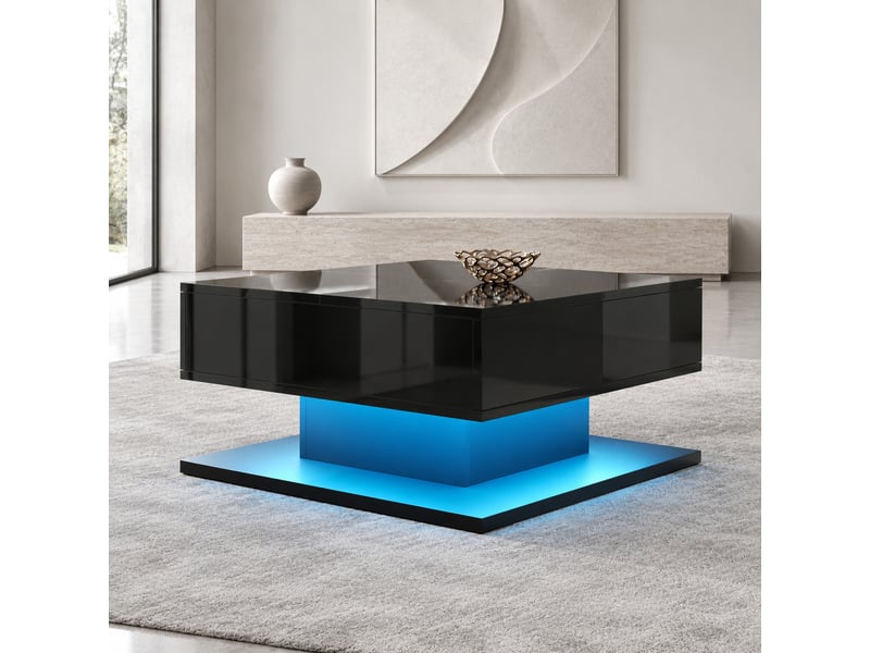  Table basse relevable avec plateau rabattable, 2 tiroirs, rangement et led réglable pour salon, noir, 72 × 72 × 35 cm  - Conforama B