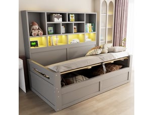 Lit coffre multifonctionnel modenvie 90 x 200 cm avec rangement, éclairage led et prises, gris