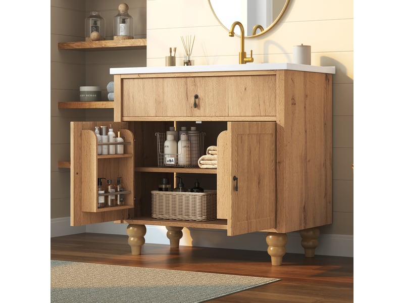Meuble de salle de bain 81 cm avec compartiment basculant supérieur, étagères intérieures de porte, rangement sous lavabo et lavabo céramique - Conforama D
