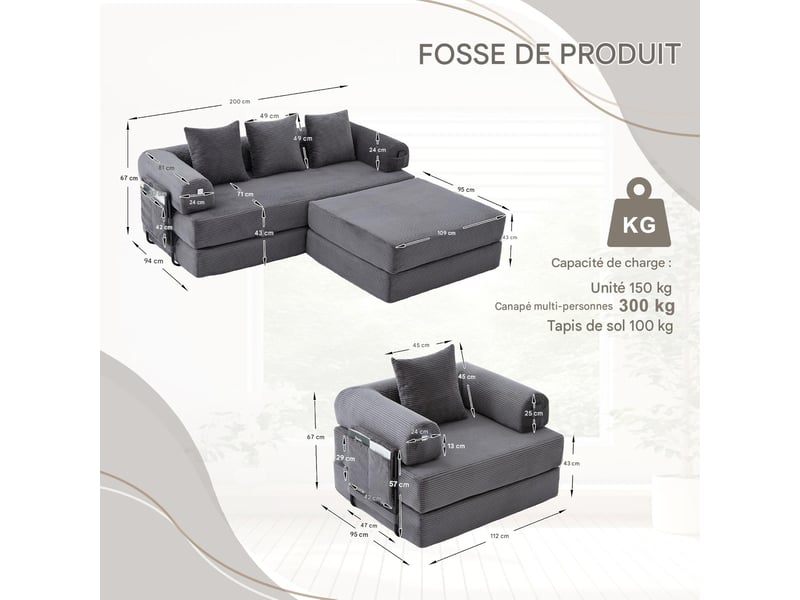  Canapé modulable 4 places en velours côtelé avec pouf gris foncé W2845S00389 - Conforama C