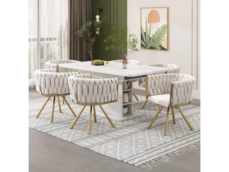  Lot de 4 chaises de salle à manger pivotantes 360° en velours beige et doré  - Conforama B