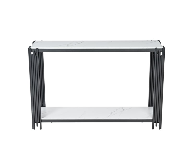  Table console 123.5x33.5x80 cm à 2 niveaux en mdf et métal, aspect marbre blanc, noir et blanc  - Conforama B
