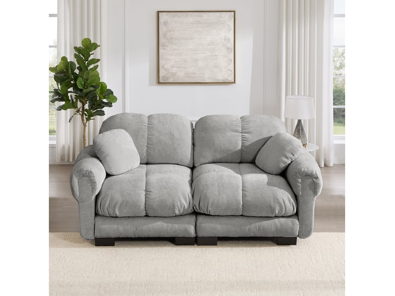  Canapé droit 2 places en chenille gris clair, modulable, coussins épais et dossier ergonomique pour le salon  - Conforama B