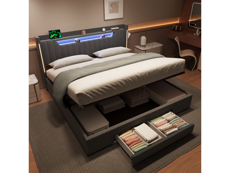  Lit coffre double 180x200 cm, éclairage led et tiroirs, velours gris (sans matelas)  - Conforama W