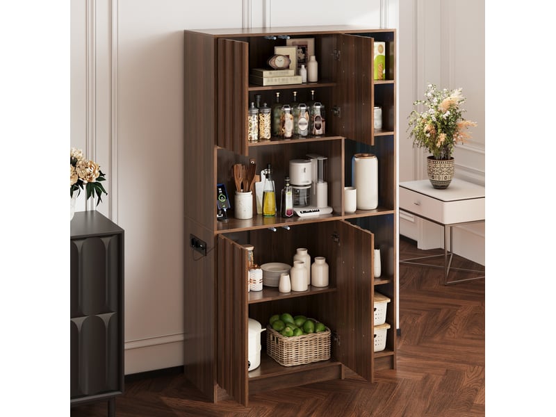  Armoire de cuisine haute 105x40x180 cm avec led et prises, coloris noyer  - Conforama E