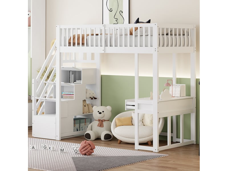 Lit mezzanine, 90x200 cm, lit en hauteur, avec bureau, escalier de rangement, matelas non inclus, bois, coloris blanc  - Conforama B