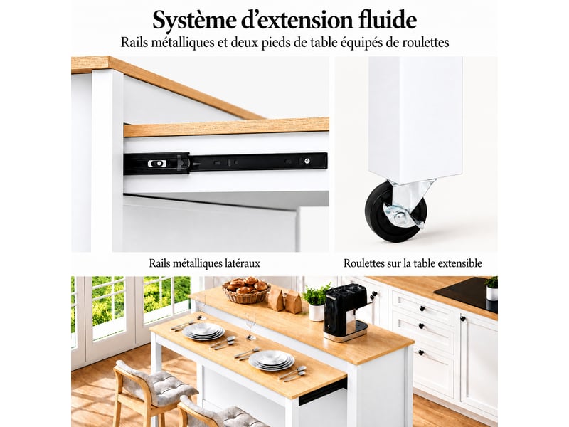  Îlot de cuisine avec table escamotable muvano, blanc et aspect bois clair, 120 × 40–76 × 92 cm  - Conforama E