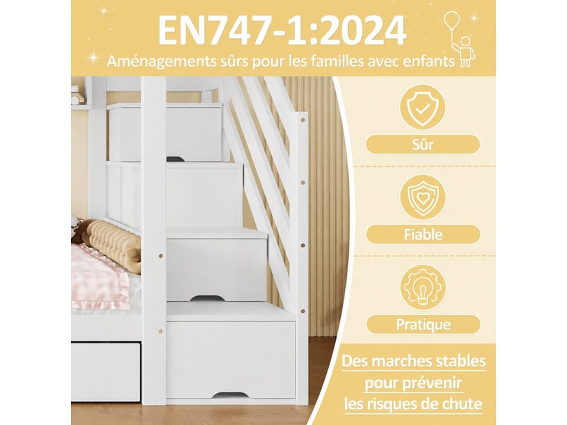 Lit superposé enfant 90x200 cm avec armoire, 2 tiroirs, étagères et escalier de rangement, en pin et mdf, blanc - Conforama W