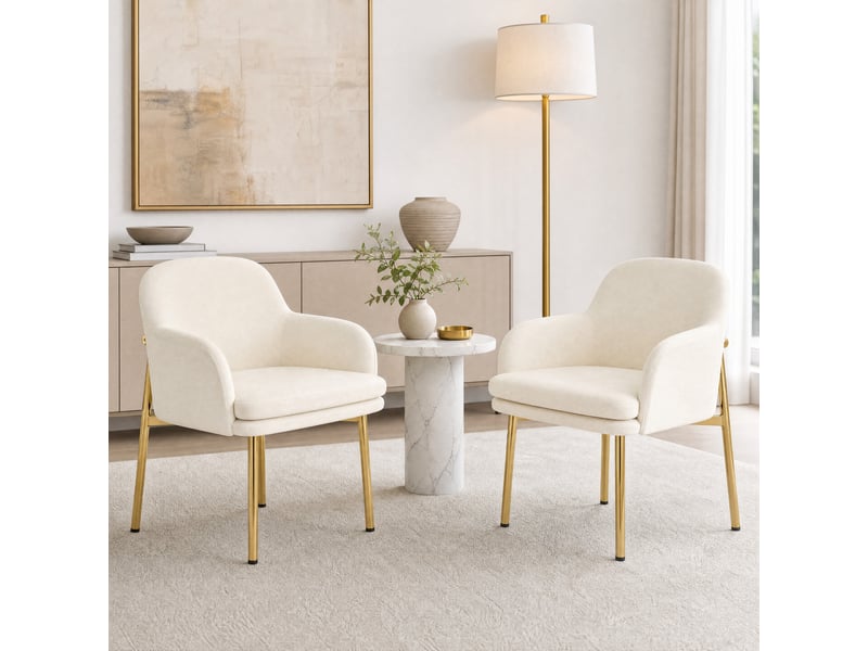 Lot de 6 chaises de salle à manger en polyester blanc avec accoudoirs, dossier ergonomique, pieds métal, patins réglables, charge 125 kg - Conforama C