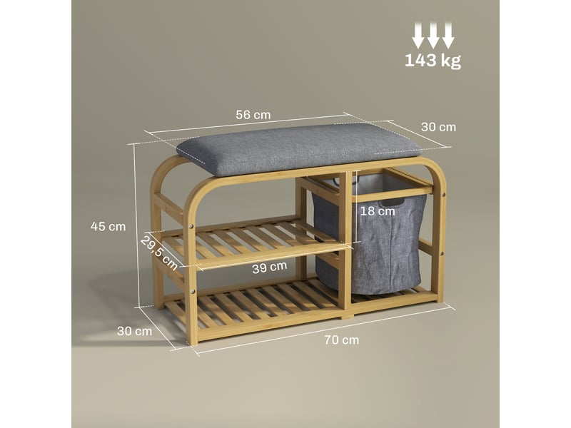  Banc à chaussures avec coussin d'assise, 2 étagères à lattes et panier en tissu coulissant, 70x30x45cm, bois naturel  - Conforama E