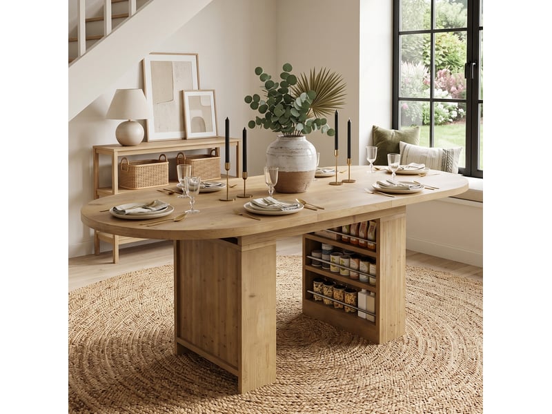  Table de salle à manger extensible pour 6 à 8 personnes avec rangements ouverts, style scandinave en mdf chêne clair  - Conforama E