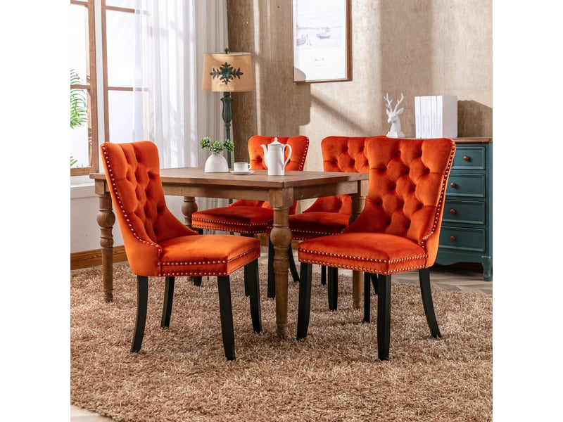 Lot de 2 chaises velours orange capitonnées, pieds en bois cloutés, style contemporain - Conforama D