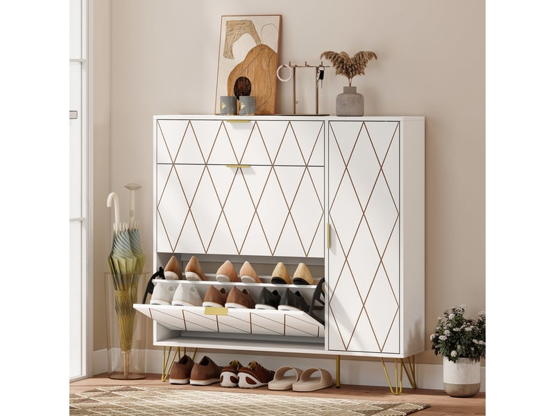  Meuble à chaussures moderne avec 2 tiroirs abattants et étagères réglables pour 10 à 14 paires de chaussures, blanc  - Conforama B